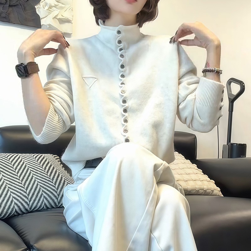 韩系软糯立领毛衣外套女2025新款秋冬高级感针织开衫别致宽松上衣