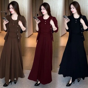 裙子三件套 纯色上衣开衫 早秋洋气减龄休闲弹力套裙女春秋新款 时尚