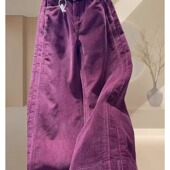 大码 女2024秋冬季 高腰小个子宽松显瘦直筒休闲裤 紫色灯芯绒阔腿裤