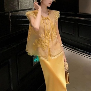 国风轻奢高级感巨好看绝美黄色醋酸吊带连衣裙两件套装 新中式 女夏