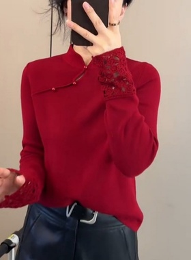 新中式盘扣斜襟针织衫女秋冬通勤显气质内搭打底毛衣红色国风上衣