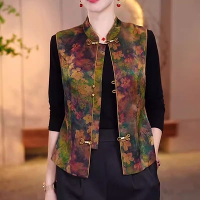 中老年妈妈定制珍珠缎马甲新中式国风春秋外穿减龄时尚马夹外套女