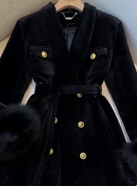 黑色收腰丝绒中长款洋气独特超好看大衣外套女冬新款夹棉风衣外套