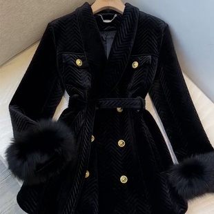 黑色收腰丝绒中长款洋气独特超好看大衣外套女冬新款夹棉风衣外套