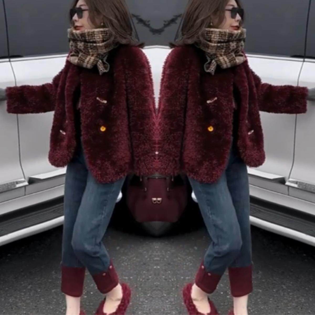 小香风短款酒红色羊羔绒皮毛一体毛茸茸毛绒加绒加厚外套女秋,女装/女士精品,短外套,淘宝优惠券,粉丝福利购,淘宝优惠卷