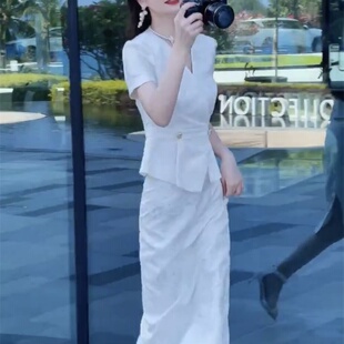 气质V领提花职业短袖 网红新款 裙女2025年夏季 套装 显瘦包臀裙 时尚