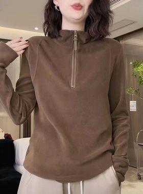 美拉德秋冬新款自发热德绒立领卫衣女高弹百搭打底衫叠穿上衣2025