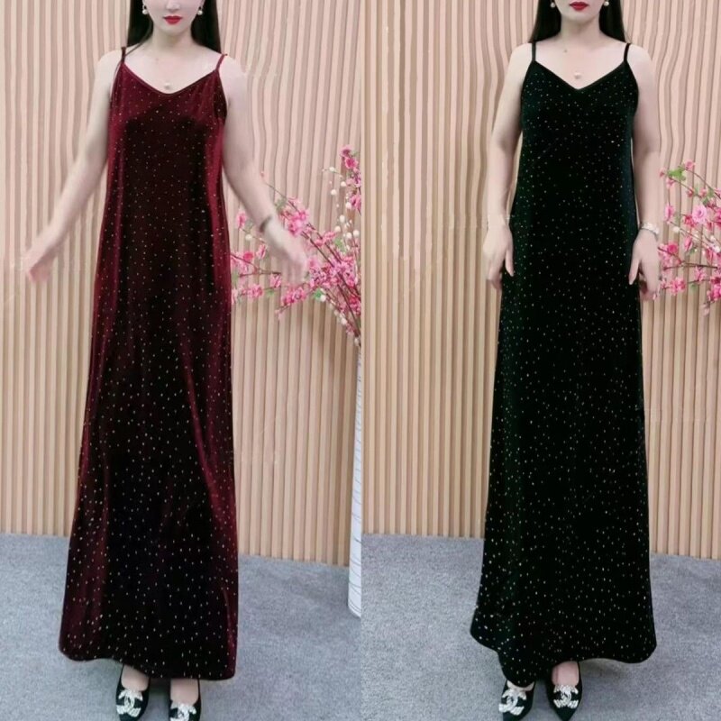 重工烫钻丝绒吊带连衣裙女年轻妈妈装宽松遮肉满天星无袖中长裙子,女装/女士精品,连衣裙,淘宝优惠券,粉丝福利购,淘宝优惠卷
