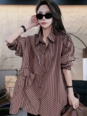 高级感上衣女 咖色竖条纹设计感拉花衬衫 欧货重磅早秋2025新款 长袖