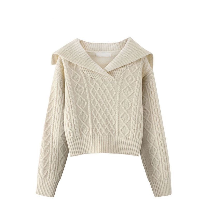 设计感小众毛衣女高腰短款大翻领春秋冬新款娃娃领毛衣针织衫上衣