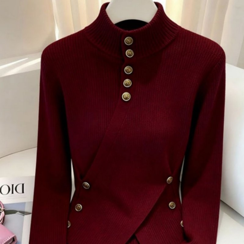 高级感时尚显瘦红色针织衫女秋冬新款小众修身半高领打底内搭上衣