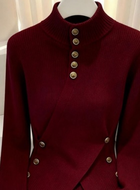 高级感时尚显瘦红色针织衫女秋冬新款小众修身半高领打底内搭上衣