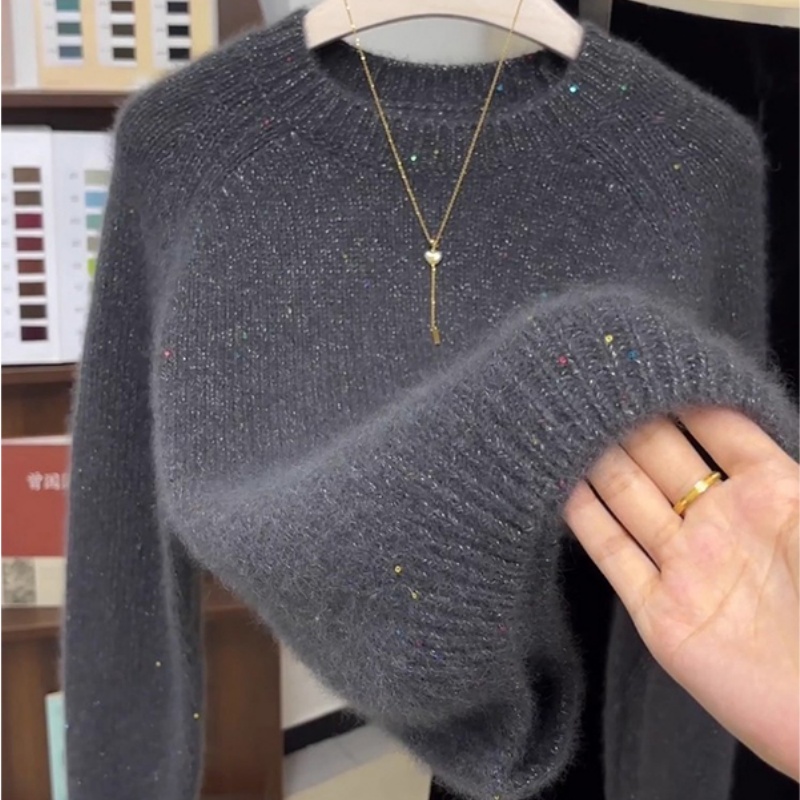 2025冬季新款新款亮片圆领针织衫女长袖宽松显瘦百搭毛衣上衣