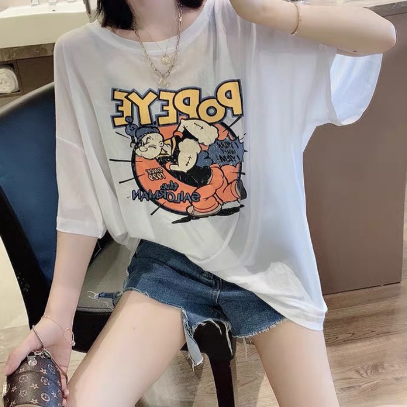 欧洲站多巴胺夏季短袖冰丝防晒大码t恤上衣女潮ins韩版宽松卡通女