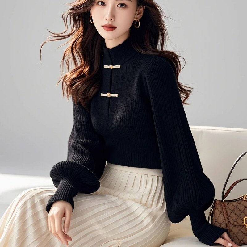新中式国风黑色灯笼袖盘扣毛衣女款2025新款冬季内搭打底针织上衣,女装/女士精品,毛针织衫,淘宝优惠券,粉丝福利购,淘宝优惠卷