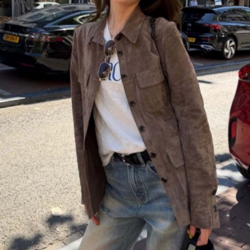 2026新款高级时尚气质桃木色显瘦皮衣外套女