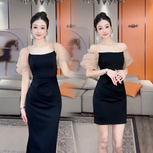 包臀显瘦简约时尚 一字领两穿修身 连衣裙性感气质女 拼纱袖 2025夏季