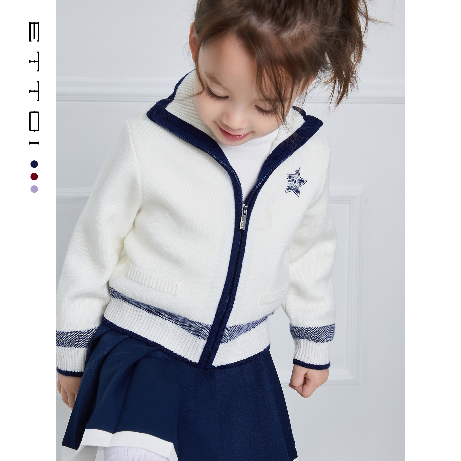【绵羊毛】ETTOI爱多娃儿童学院风针织衫三色海军领毛衣冬季新款