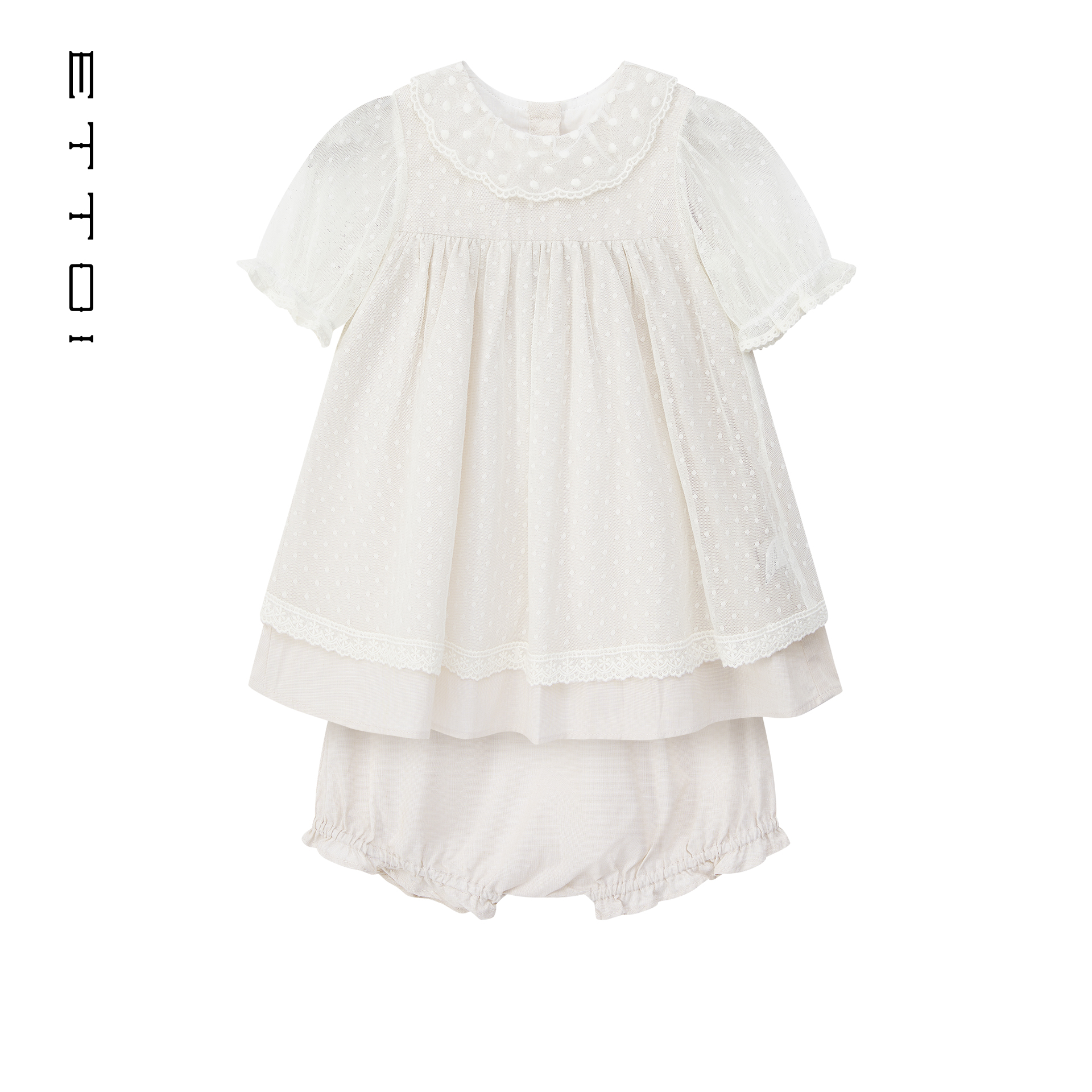 ETTOI爱多娃春夏新款童装公主连衣裙娃娃领泡泡袖甜美套装千金感