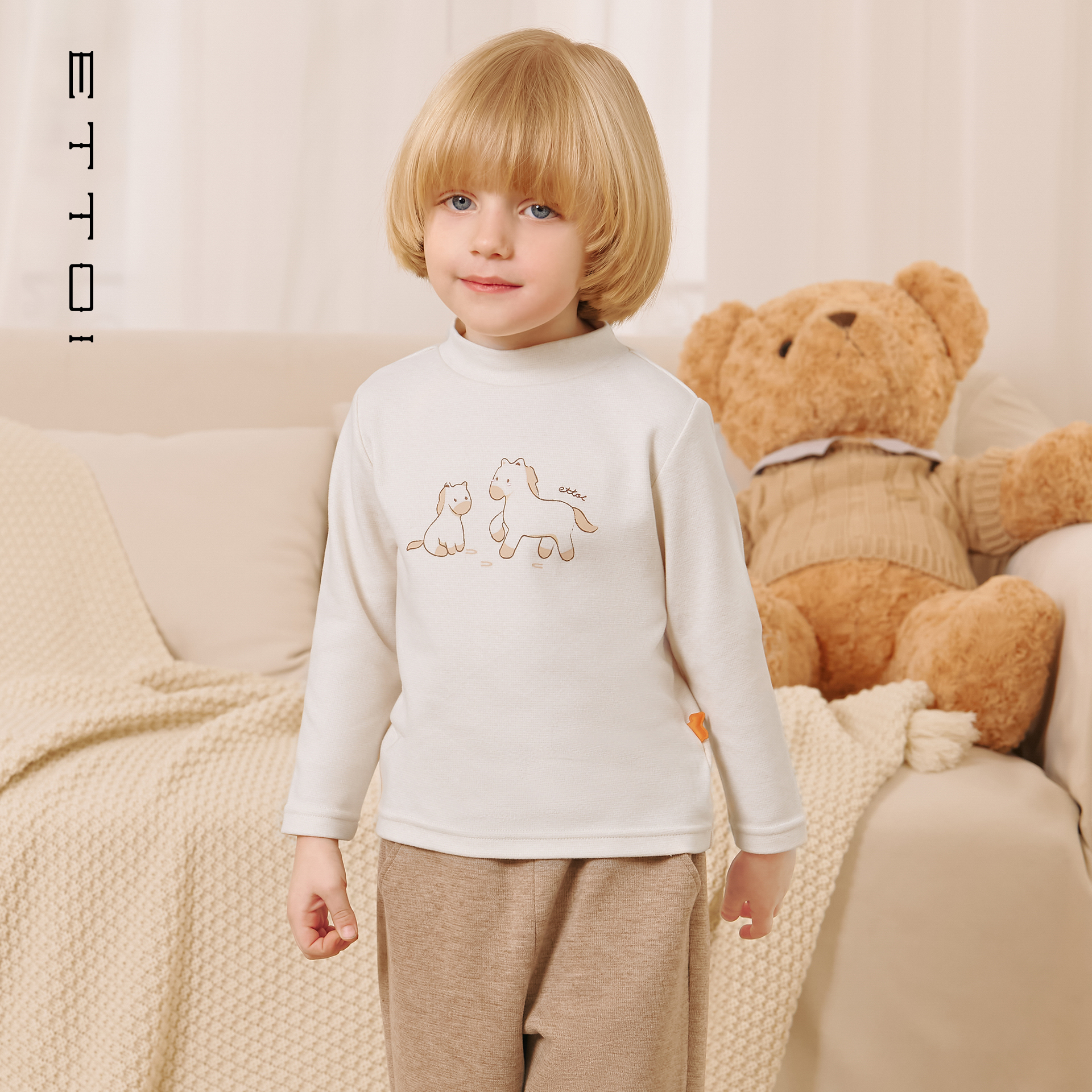 朗姿童装/ETTOI爱多娃儿童长袖T恤简约半高领打底衫2025冬季新款