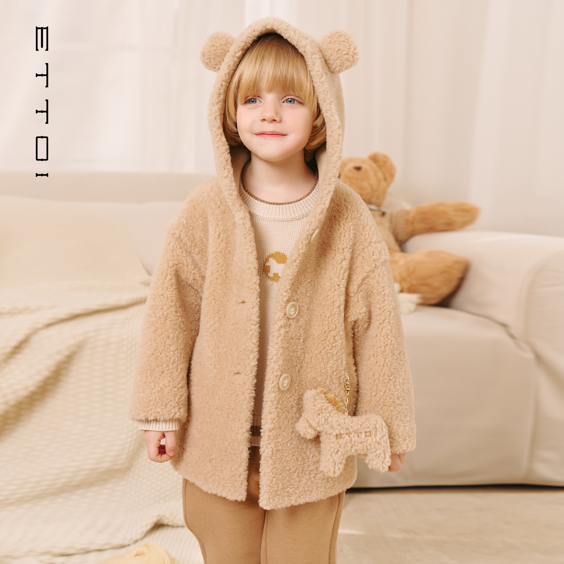 【绵羊毛】ETTOI爱多娃儿童仿羊羔毛大衣连帽外套2025年冬季新款