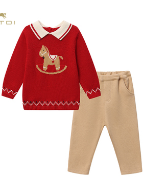 【绵羊毛】ETTOI爱多娃儿童拜年套装新年红色针织衫/裤子冬季新款