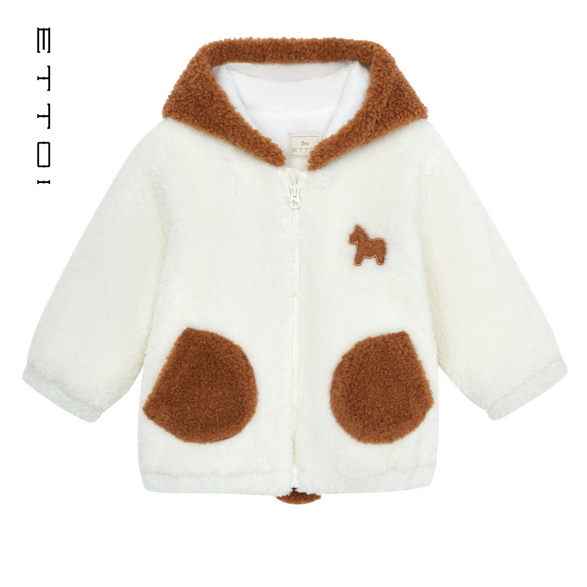 朗姿童装/ETTOI爱多娃儿童外套男女童撞色毛毛连帽上衣2025冬新款