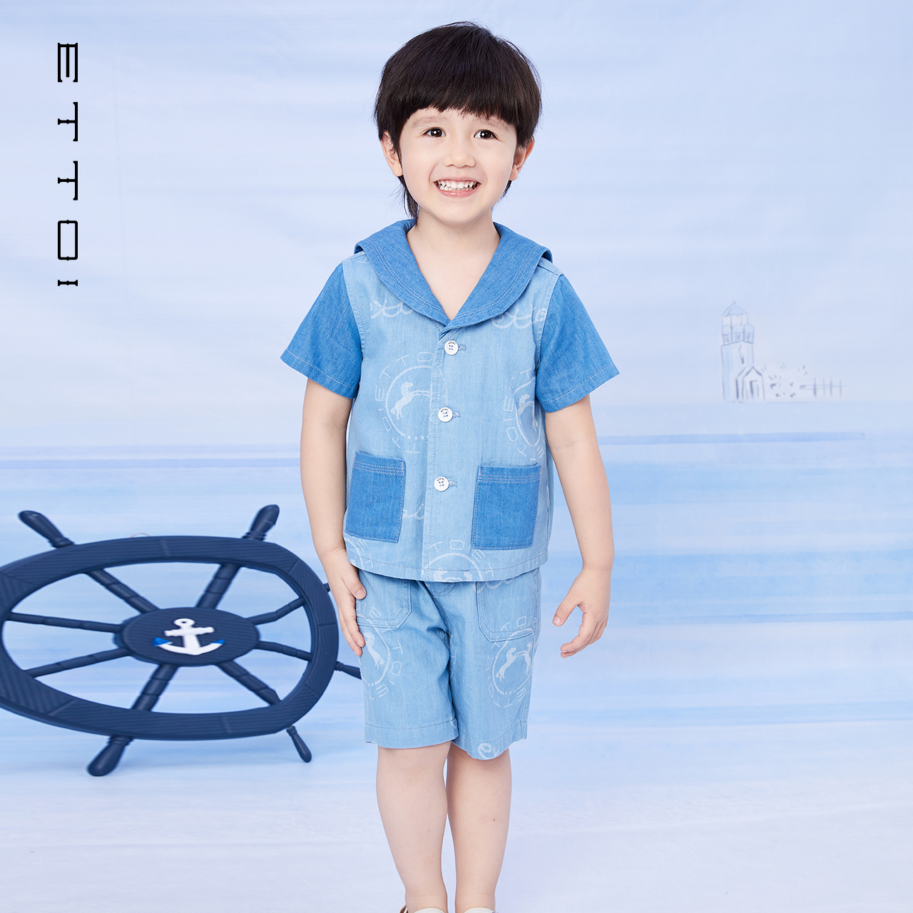 ETTOI爱多娃2025春夏新款男童海军风儿童短袖衬衫短裤运动套装