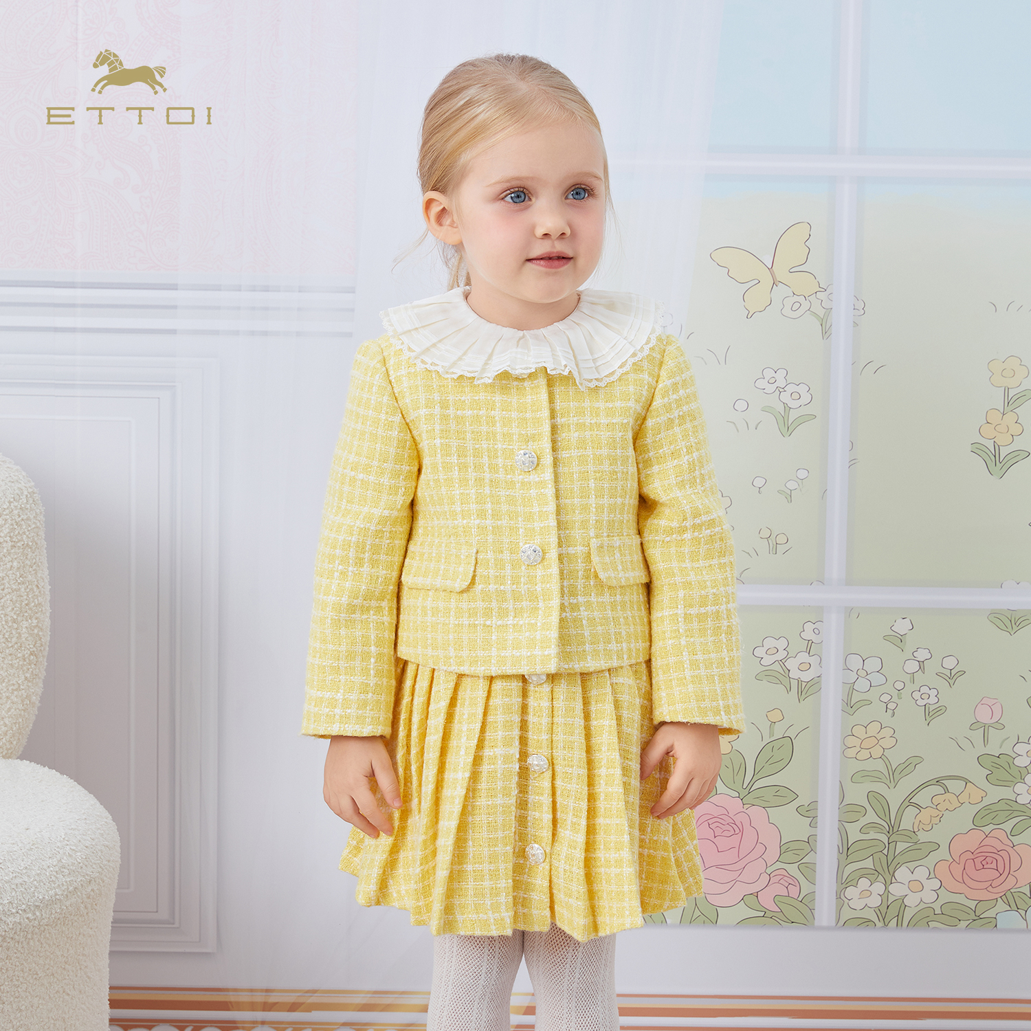 【朗姿集团】ETTOI爱多娃女童柠檬黄色小香风套装2025新款儿童格