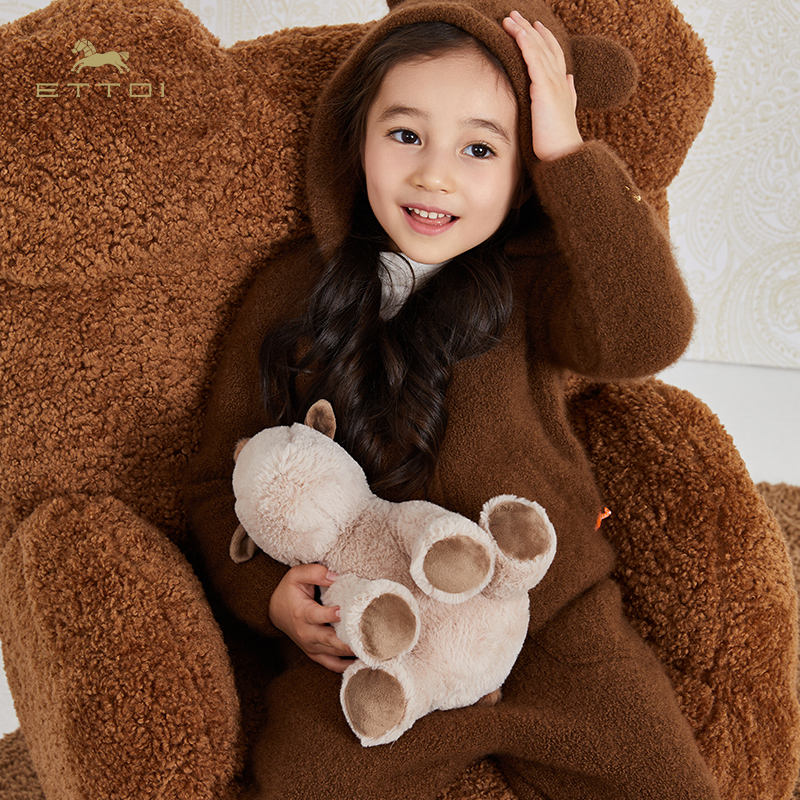 【朗姿集团】ETTOI爱多娃儿童山羊绒套装可爱泰迪熊连帽外套直筒