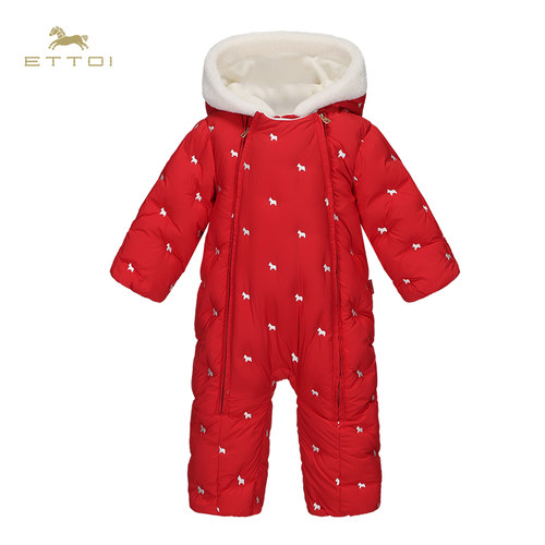 朗姿童装/ETTOI爱多娃婴童羽绒新年红色保暖包屁连体服冬季新款