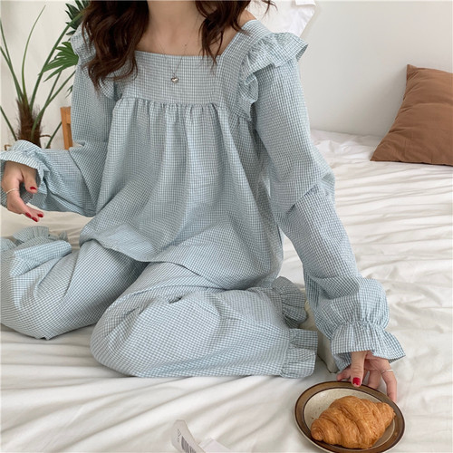 Real price Korean version ins small fresh fine grid girls' home clothes pajamas long sleeves Long Pants Set