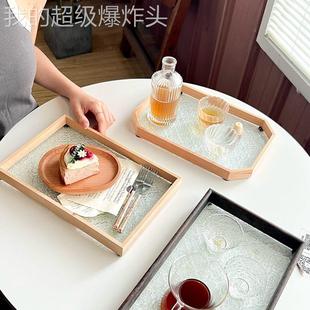 复古茶海棠花托盘方形茶盘放家1521用点长心木质茶水杯子玻璃盘具
