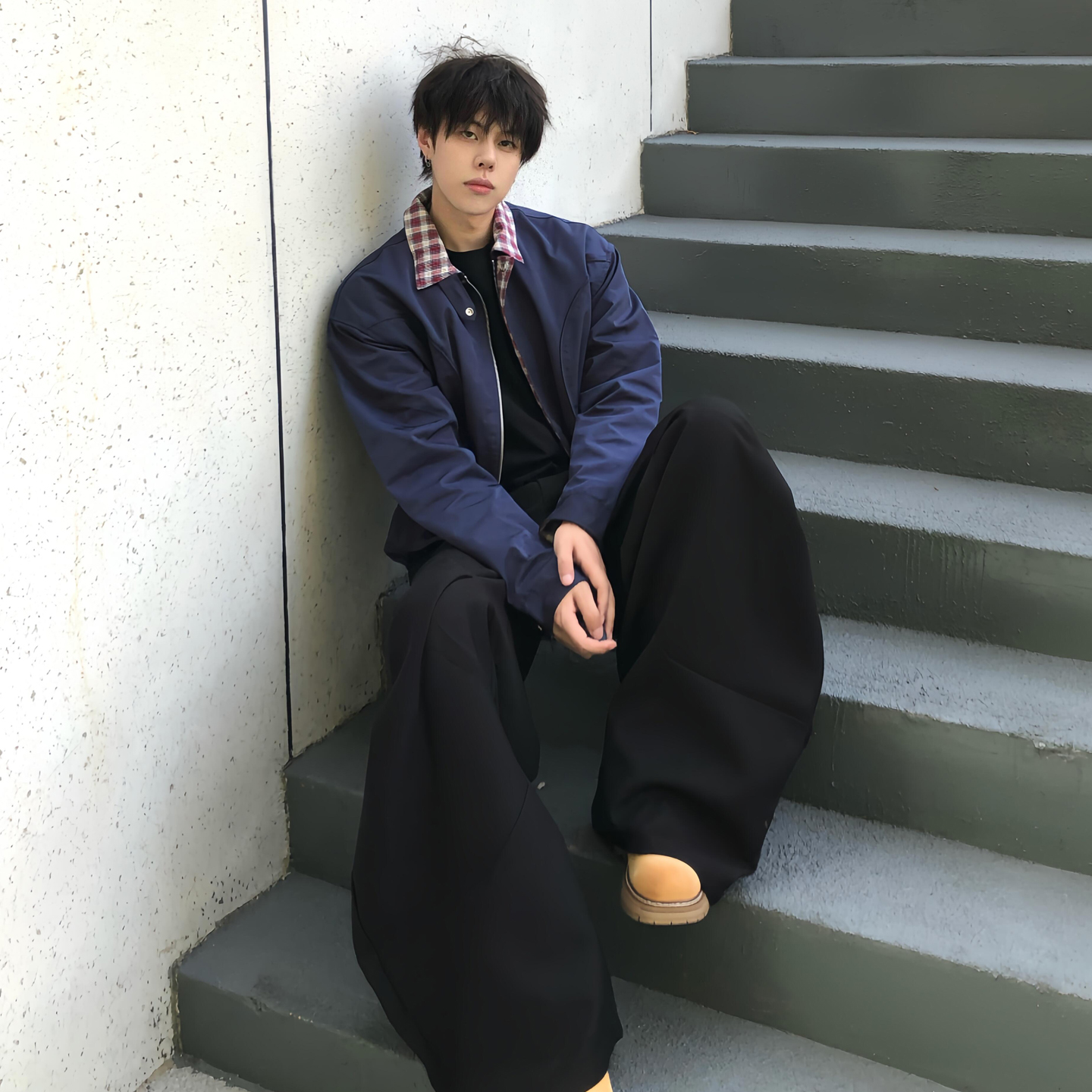 美式假两件格纹拼接外套夹克