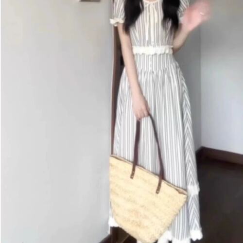 夏季女装时尚套装独特别致条纹上衣a字半身裙子慵懒风一整套穿搭