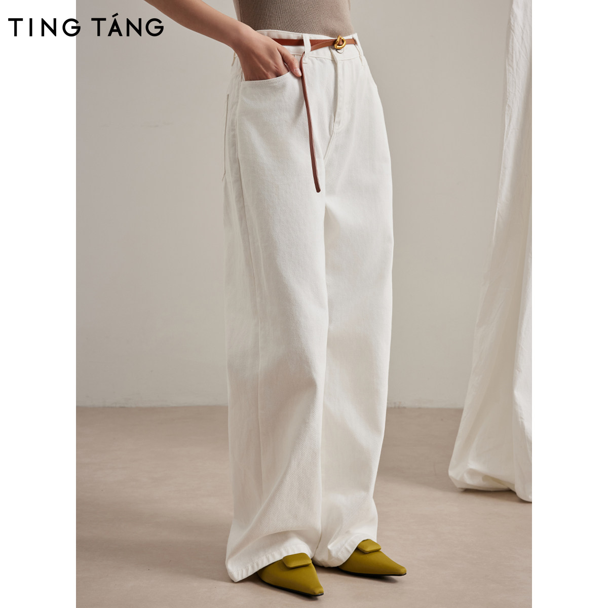 厅唐TINGTANG「白露落霜」白色牛仔阔腿裤 显瘦宽松全棉直筒长裤