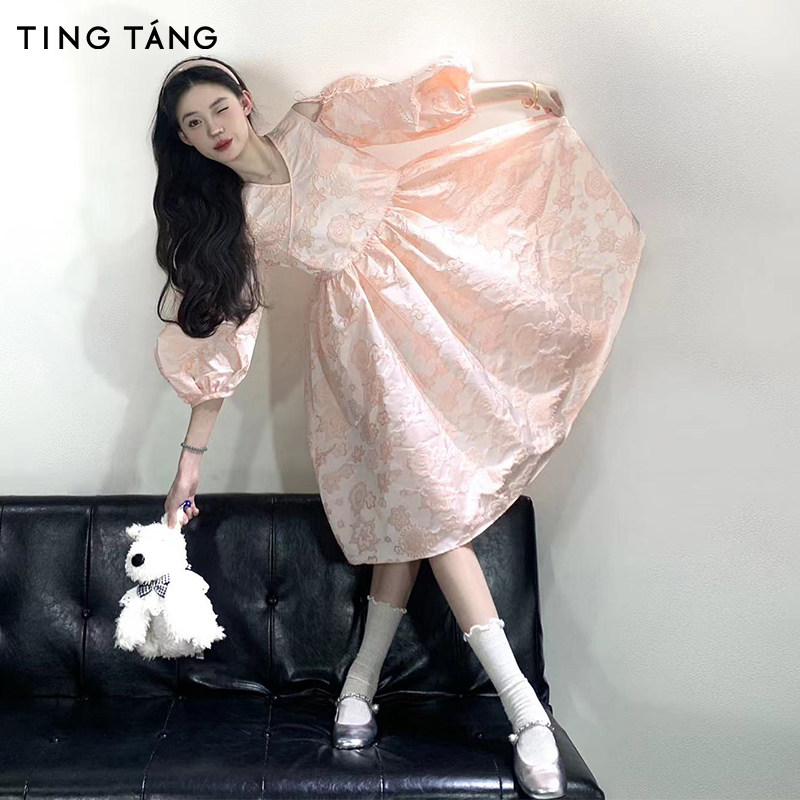 厅唐TINGTANG连衣裙女提花泡泡袖设计感蓬蓬裙甜美减龄高腰公主裙