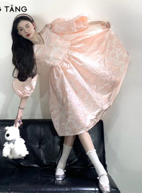 厅唐TINGTANG连衣裙女提花泡泡袖设计感蓬蓬裙甜美减龄高腰公主裙