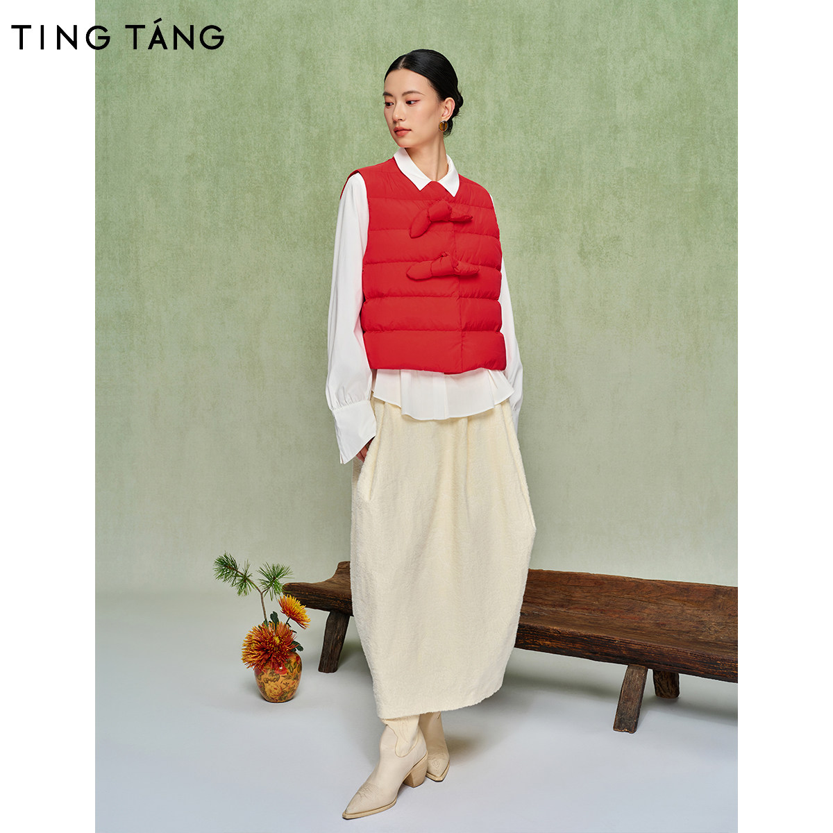 厅唐TINGTANG红色大蝴蝶结90白鸭绒羽绒马甲女冬短款叠穿无袖背心