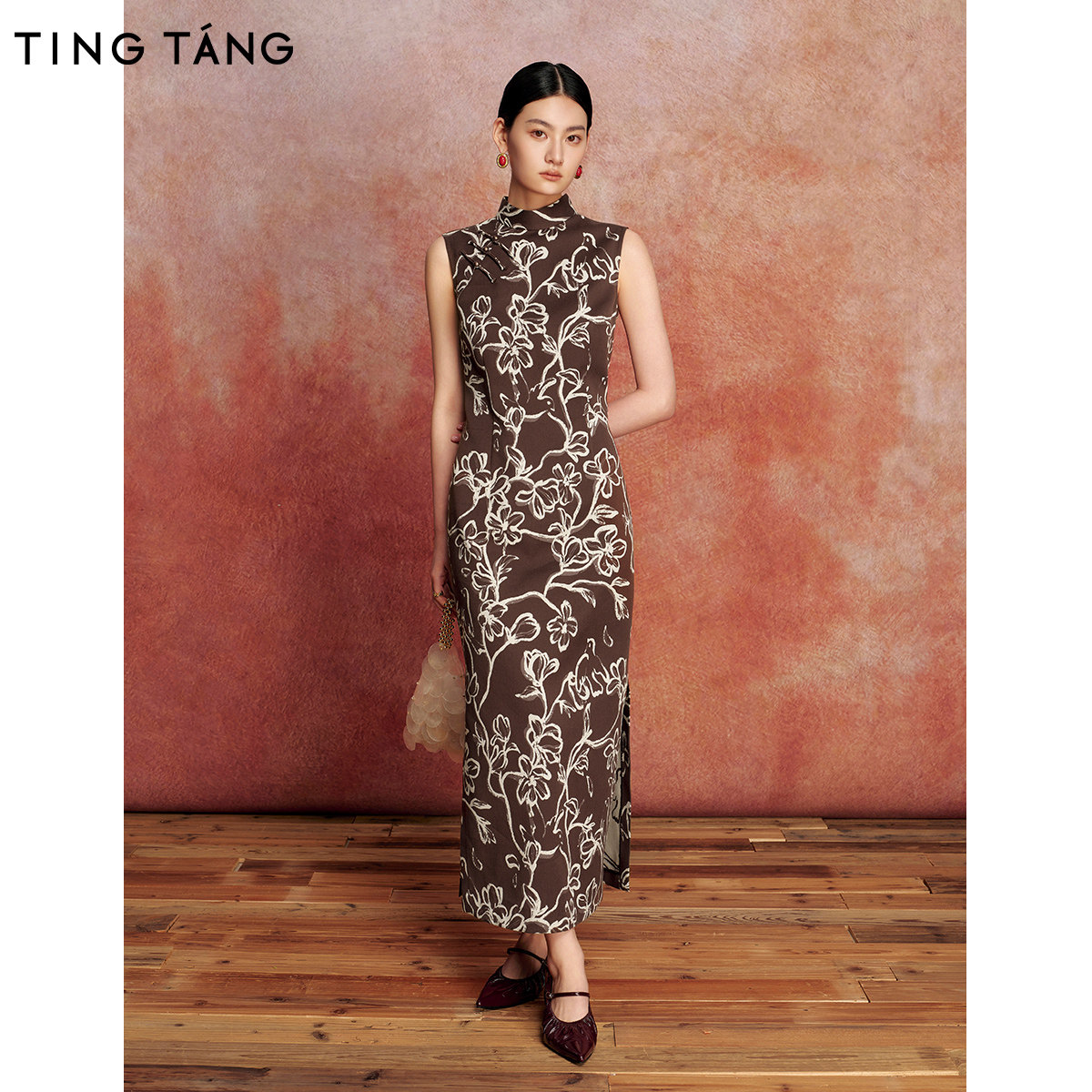 厅唐TINGTANG【檀叙】新中式玉兰提花时尚复古旗袍式连衣裙女秋季