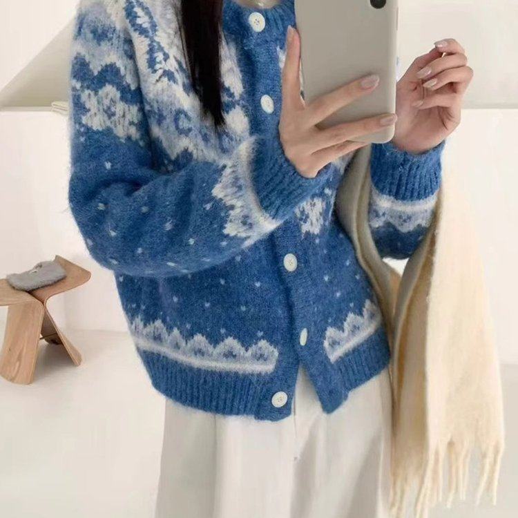 2026新款时尚撞色加费尔岛厚毛衣外套女高级感慵懒软糯针织衫上衣