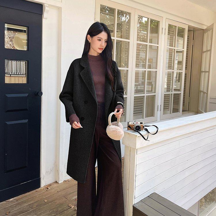 网红韩系秋冬长款羊毛大衣羊毛外套西装领双排扣简约保暖外套