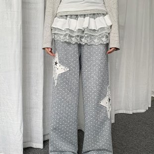满印波点星星贴布蕾丝皮帘卫裤女轻亚文化宽松直筒裤子显瘦休闲裤