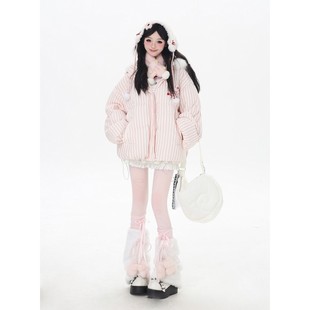 韩系可爱兔耳朵条纹毛领连帽棉服女冬季 保暖棉袄毛绒外套