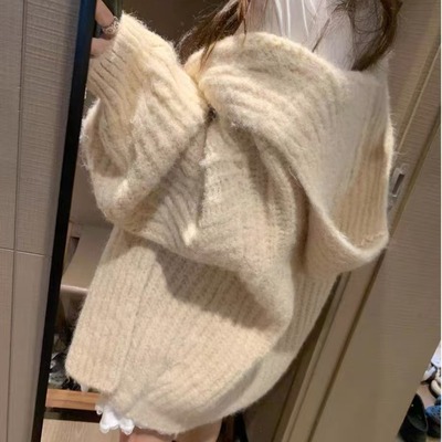 奶fufu灯笼袖连帽毛衣外套女冬新款宽松显瘦慵懒加厚针织开衫