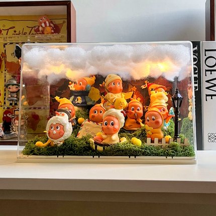 123星星人展示盒手办透明造景带灯摆件亚克力泡泡玛特玩偶收纳盒