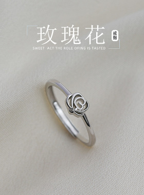 蒂奇新款925纯银玫瑰花戒指女温柔气质食指戒小众设计感开口戒指
