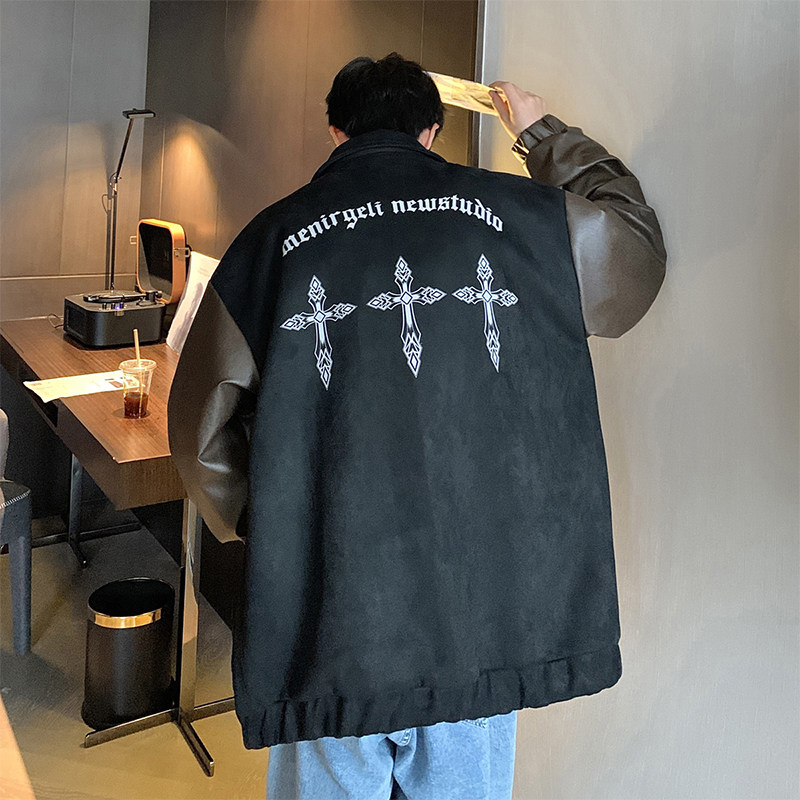 JK8817-P105控138抖音品23秋季美式复古麂皮绒拼皮夹克外套,男装夹克,电商A058-1（原电商C417）