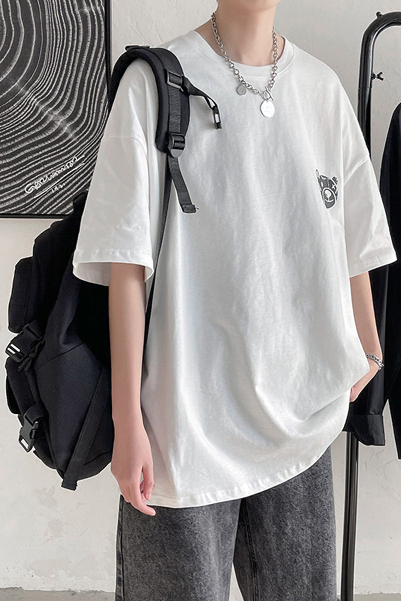 短句-ins后背小熊印花短袖t恤男女情侣纯棉学生T恤白C417-T02-P25,男装T恤,电商A058-1（原电商C417）