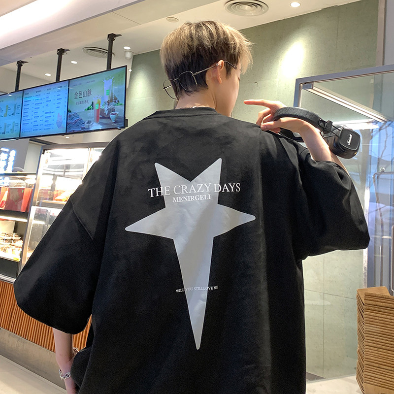 T263-P30控48 220克 夏季港风麂皮绒星星下坠印花潮流短袖T恤图片